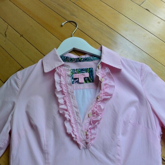 Lilly Pulitzer Pink Pinstripe Ruffle Collar Dress Long Sleeve Size 0 - Picture 2 of 14